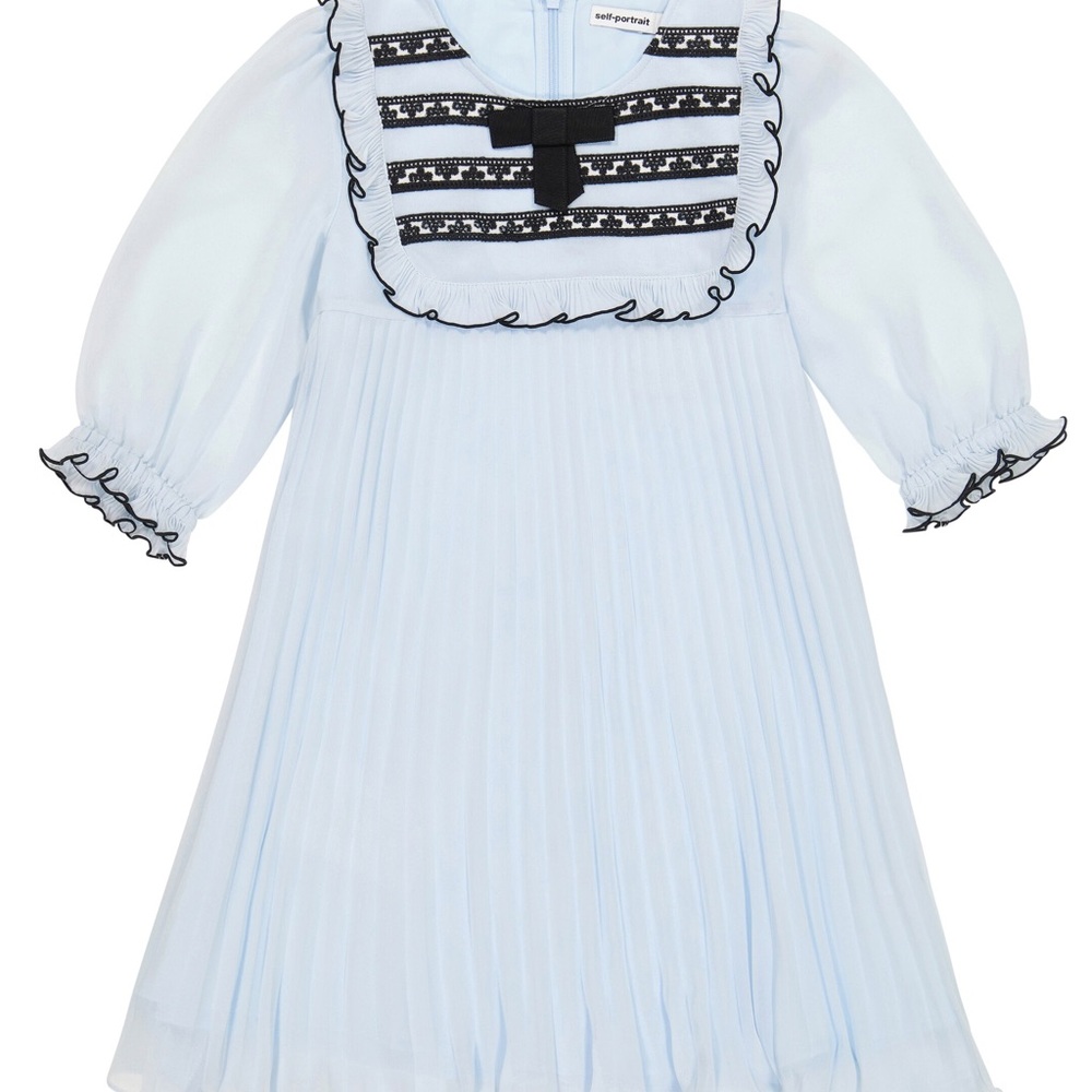 Self-Portrait Sky Blue Pleated chiffon Dress with Black Lace